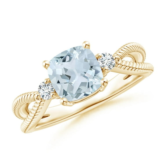 ANGARA Natural Cushion 1.4 ct Aquamarine Split Shank Ring with Rope Detailing in 14K Yellow Gold for Women (Size-7mm) | March Birthstone, Anniversary, Jewelry Gift for Women | Natural Aquamarine Ring