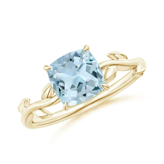 ANGARA Natural Nature Inspired Cushion 1.4 ct Aquamarine Ring in 14K Yellow Gold for Women (Size-7mm) | March Birthstone, Birthday, Anniversary, Jewelry Gift for Women | Natural Aquamarine Ring