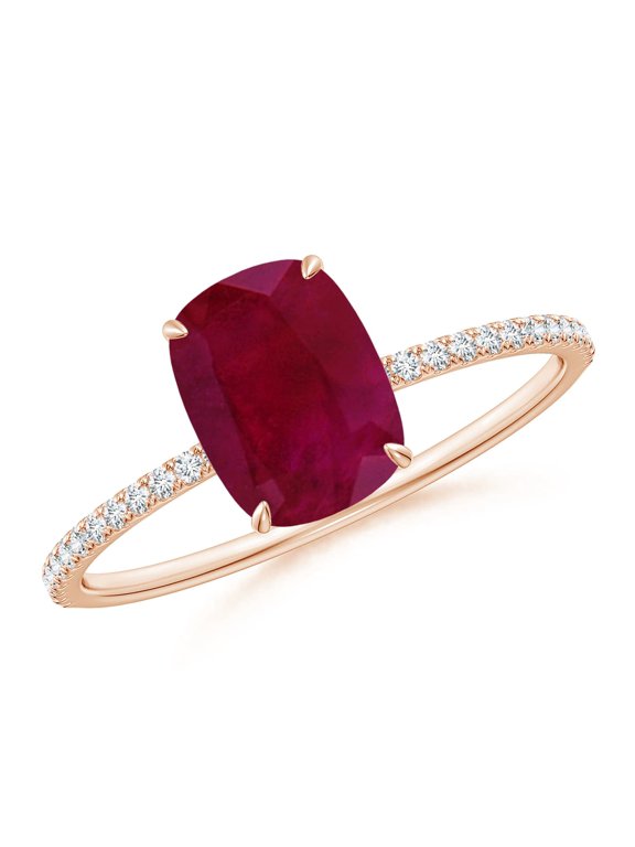 Natural Thin Shank Cushion 1.4 ct Ruby Ring with Diamond Accents in 14K Rose Gold for Women (Size-8x6mm) | July Birthstone, Birthday, Anniversary, Jewelry Gift for Women | Natural Ruby Ring