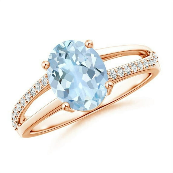 ANGARA Natural Oval 1.5 ct Aquamarine Split Shank Ring with Diamond Accents in 14K Rose Gold for Women (Size-9x7mm) | March Birthstone, Anniversary, Jewelry Gift for Women | Natural Aquamarine Ring