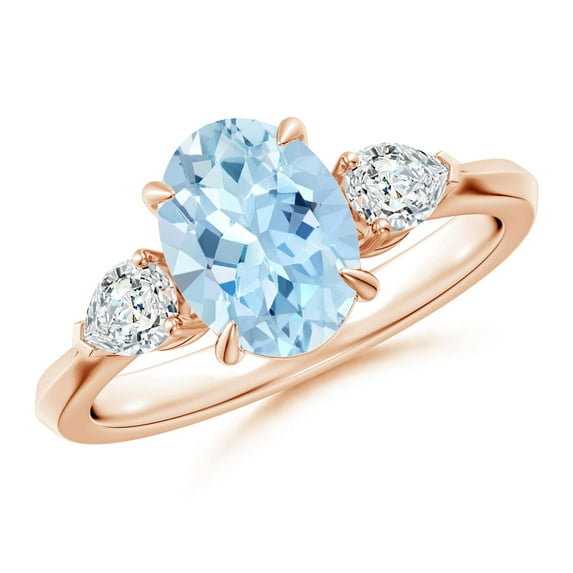 ANGARA Natural Oval 1.5 ct Aquamarine and Diamond Three Stone Engagement Ring in 14K Rose Gold for Women (Size-9x7mm) | March Birthstone, Anniversary, Jewelry Gift for Women | Natural Aquamarine Ring