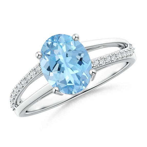 ANGARA Natural Oval 1.5 ct Aquamarine Split Shank Ring with Diamond Accents in 14K White Gold for Women (Size-9x7mm) | March Birthstone, Anniversary, Jewelry Gift for Women | Natural Aquamarine Ring