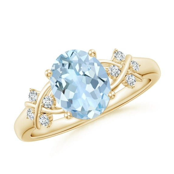 ANGARA Natural Solitaire 1.5 ct Aquamarine Criss Cross Ring with Diamonds in 14K Yellow Gold for Women (Size-9x7mm) | March Birthstone, Anniversary, Jewelry Gift for Women | Natural Aquamarine Ring