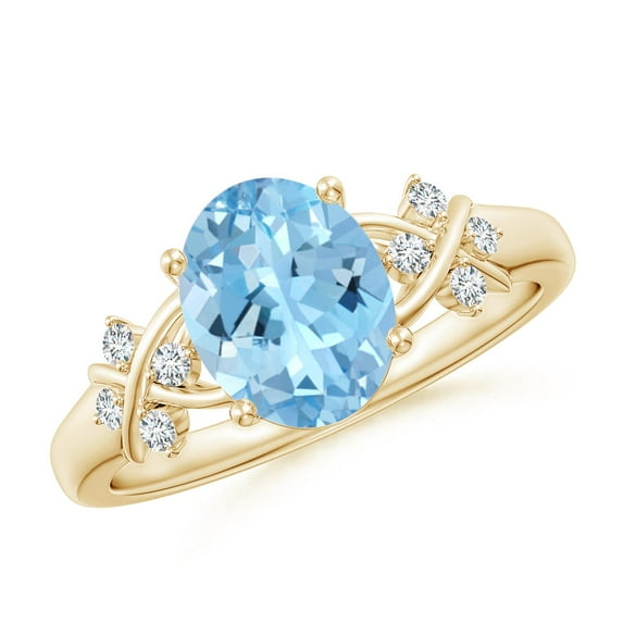 ANGARA Natural Solitaire 1.5 ct Aquamarine Criss Cross Ring with Diamonds in 14K Yellow Gold for Women (Size-9x7mm) | March Birthstone, Anniversary, Jewelry Gift for Women | Natural Aquamarine Ring