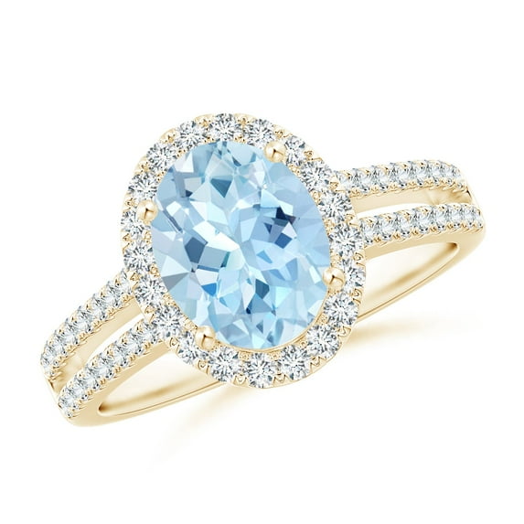 ANGARA Natural Oval 1.5 ct Aquamarine Split Shank Halo Ring with Diamonds in 14K Yellow Gold for Women (Size-9x7mm) | March Birthstone, Anniversary, Jewelry Gift for Women | Natural Aquamarine Ring