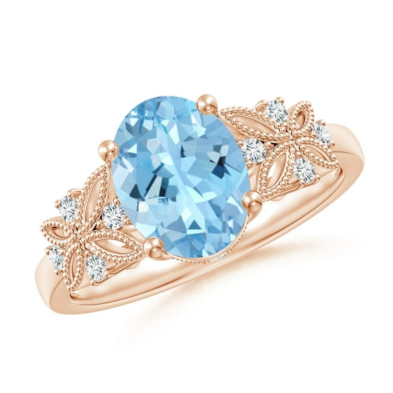 ANGARA Natural Vintage Style Oval 1.5 ct Aquamarine Ring with Diamonds in 14K Rose Gold for Women (Size-9x7mm) | March Birthstone, Anniversary, Jewelry Gift for Women | Natural Aquamarine Ring