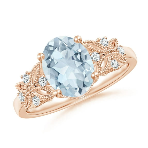 ANGARA Natural Vintage Style Oval 1.5 ct Aquamarine Ring with Diamonds in 14K Rose Gold for Women (Size-9x7mm) | March Birthstone, Anniversary, Jewelry Gift for Women | Natural Aquamarine Ring