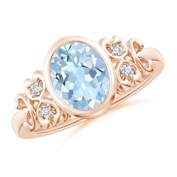 ANGARA Natural Vintage Style Bezel-Set 1.5 ct Aquamarine Ring with Diamonds in 14K Rose Gold for Women (Size-9x7mm) | March Birthstone, Anniversary, Jewelry Gift for Women | Natural Aquamarine Ring