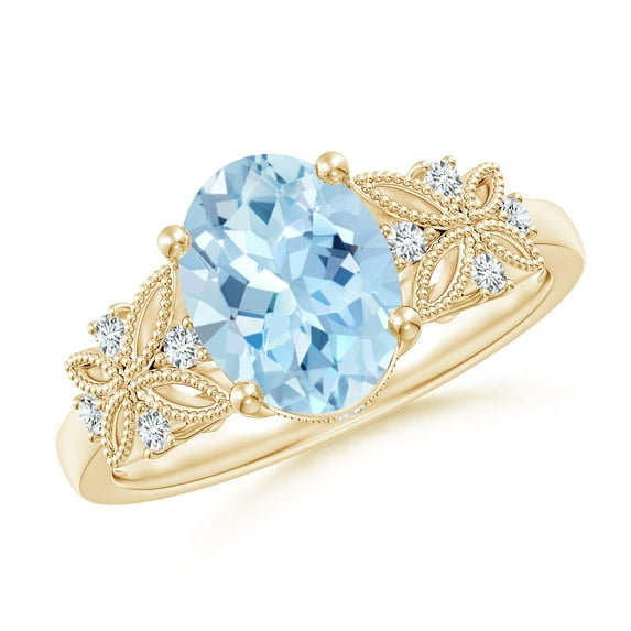 ANGARA Natural Vintage Style Oval 1.5 ct Aquamarine Ring with Diamonds in 14K Yellow Gold for Women (Size-9x7mm) | March Birthstone, Anniversary, Jewelry Gift for Women | Natural Aquamarine Ring