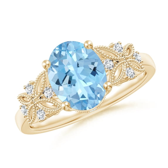 ANGARA Natural Vintage Style Oval 1.5 ct Aquamarine Ring with Diamonds in 14K Yellow Gold for Women (Size-9x7mm) | March Birthstone, Anniversary, Jewelry Gift for Women | Natural Aquamarine Ring