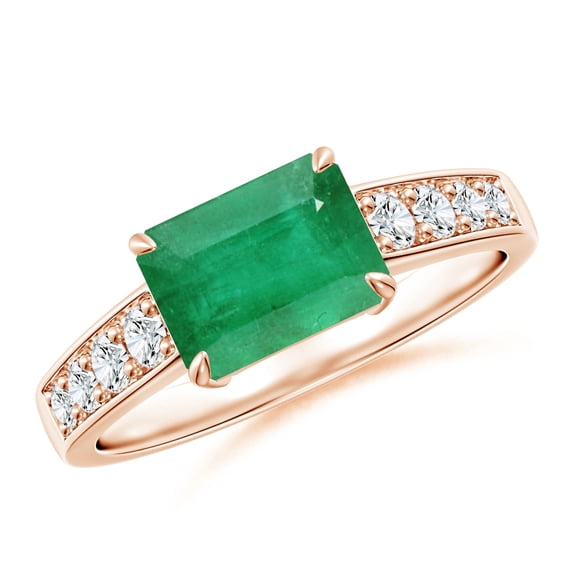 ANGARA Natural 1.5 Ct East West Emerald Solitaire Ring with Diamond Accents in 14K Rose Gold for Women (Size-8x6mm) | May Birthstone, Anniversary, Jewelry Gift for Women | Natural Emerald Ring