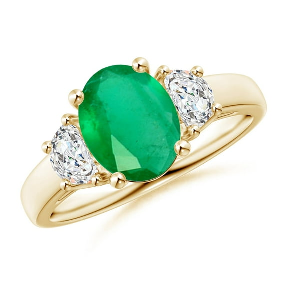 ANGARA Natural Three Stone Oval 1.5 ct Emerald and Half Moon Diamond Ring in 14K Yellow Gold for Women (Size-9x7mm) | May Birthstone, Anniversary, Jewelry Gift for Women | Natural Emerald Ring