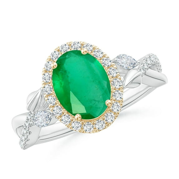 ANGARA Natural Oval 1.5 ct Emerald Twisted Vine Ring with Diamond Halo in 14K White & Yellow Gold for Women (Size-9x7mm) | May Birthstone, Anniversary, Jewelry Gift for Women | Natural Emerald Ring