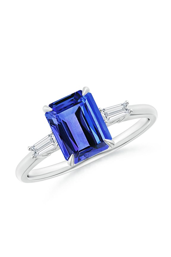 Natural 1.5 ct Tanzanite & Baguette Diamond Three Stone Ring in 14K White Gold for Women (Size-8x6mm) | December Birthstone, Anniversary, Jewelry Gift for Women | Natural Tanzanite Ring