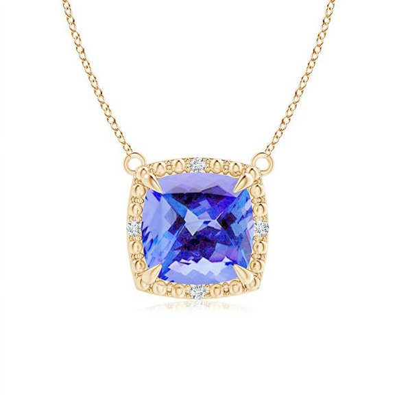 ANGARA Natural Claw-Set Cushion 1.5 ct Tanzanite Beaded Halo Necklace in 14K Yellow Gold for Women (Size-7mm) | December Birthstone, Anniversary, Jewelry Gift for Women | Natural Tanzanite Necklace