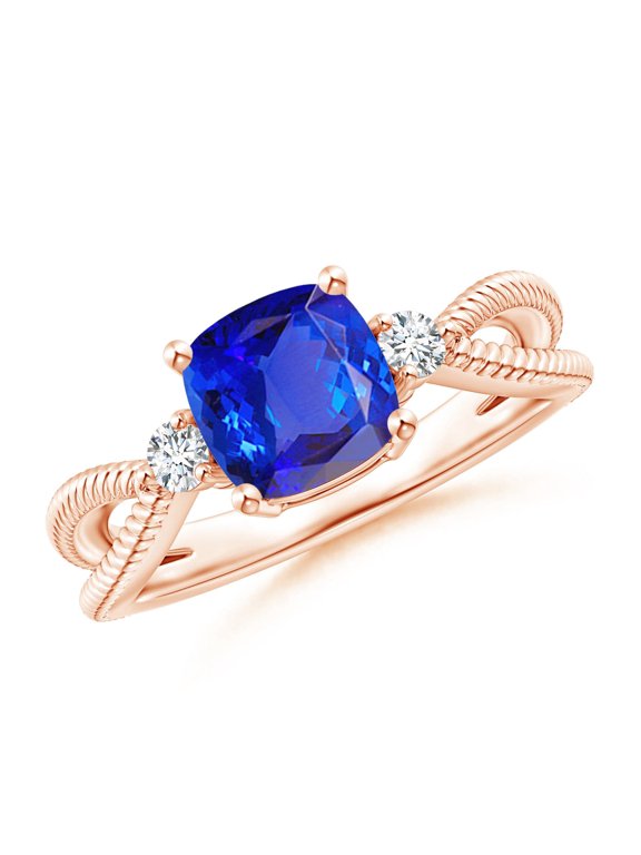 Natural Cushion 1.5 ct Tanzanite Split Shank Ring with Rope Detailing in 14K Rose Gold for Women (Size-7mm) | December Birthstone, Anniversary, Jewelry Gift for Women | Natural Tanzanite Ring