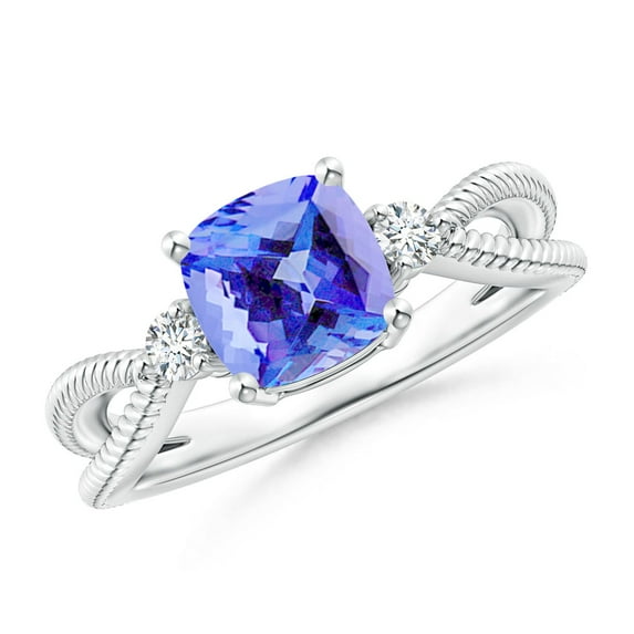 ANGARA Natural Cushion 1.5 ct Tanzanite Split Shank Ring with Rope Detailing in 14K White Gold for Women (Size-7mm) | December Birthstone, Anniversary, Jewelry Gift for Women | Natural Tanzanite Ring
