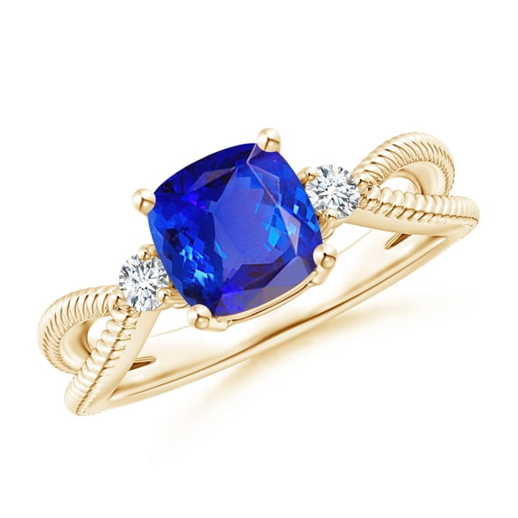 ANGARA Natural Cushion 1.5 ct Tanzanite Split Shank Ring with Rope Detailing in 14K Yellow Gold for Women (Size-7mm) | December Birthstone, Anniversary Jewelry Gift for Women | Natural Tanzanite Ring