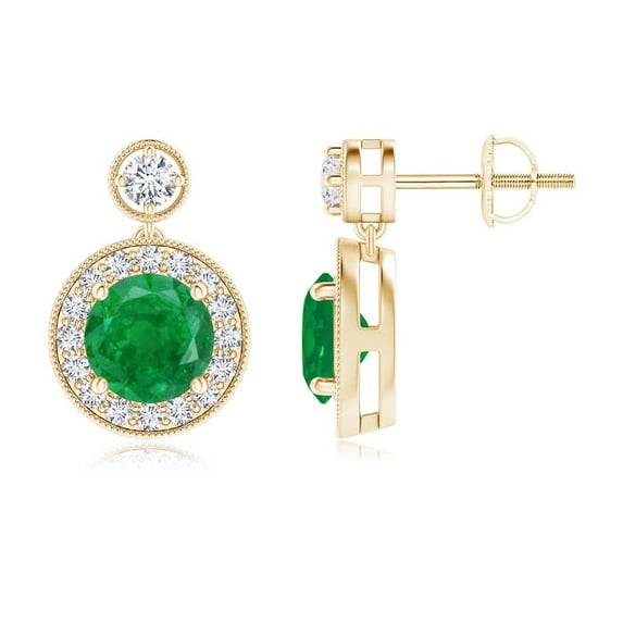 ANGARA Natural Dangling 1.5 ct Emerald and Diamond Halo Earrings with Milgrain in 14K Yellow Gold for Women (Size-6mm) | May Birthstone, Anniversary, Jewelry Gift for Women | Natural Emerald Earrings