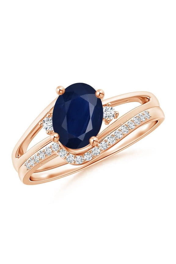 Natural Oval 1.55 ct Blue Sapphire and Diamond Bridal Set in 14K Rose Gold for Women (Size-8x6mm) | September Birthstone, Anniversary, Jewelry Gift for Women | Natural Blue Sapphire Ring