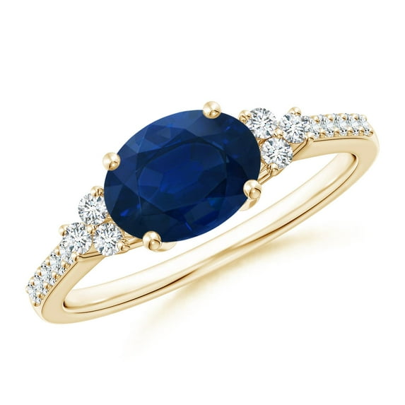 ANGARA Natural 1.55 Ct Sapphire Ring with Trio Diamond Accents in 14K Yellow Gold for Women (Size-8x6mm) | September Birthstone, Anniversary, Jewelry Gift for Women | Natural Sapphire Ring