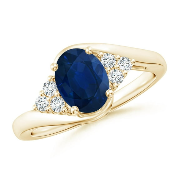 ANGARA Natural 1.55 Ct Sapphire Bypass Ring with Trio Diamond Accents in 14K Yellow Gold for Women (Size-8x6mm) | September Birthstone, Anniversary, Jewelry Gift for Women | Natural Sapphire Ring