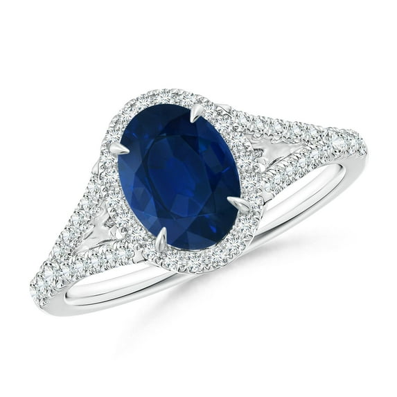 ANGARA Natural Claw-Set Oval 1.55 ct Blue Sapphire Split Shank Halo Ring in 14K White Gold for Women (Size-8x6mm) | September Birthstone, Anniversary, Jewelry Gift for Women | Natural Sapphire Ring