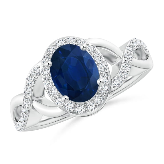 ANGARA Natural Oval 1.55 ct Blue Sapphire Crossover Ring with Diamond Halo in 14K White Gold for Women (Size-8x6mm) | September Birthstone, Anniversary, Jewelry Gift for Women | Natural Sapphire Ring