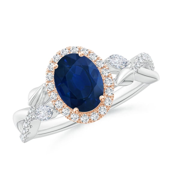 ANGARA Natural 1.55 Ct Sapphire Twisted Vine Ring with Diamond Halo in 14K White & Rose Gold for Women (Size-8x6mm) | September Birthstone, Anniversary, Jewelry Gift for Women | Natural Sapphire Ring