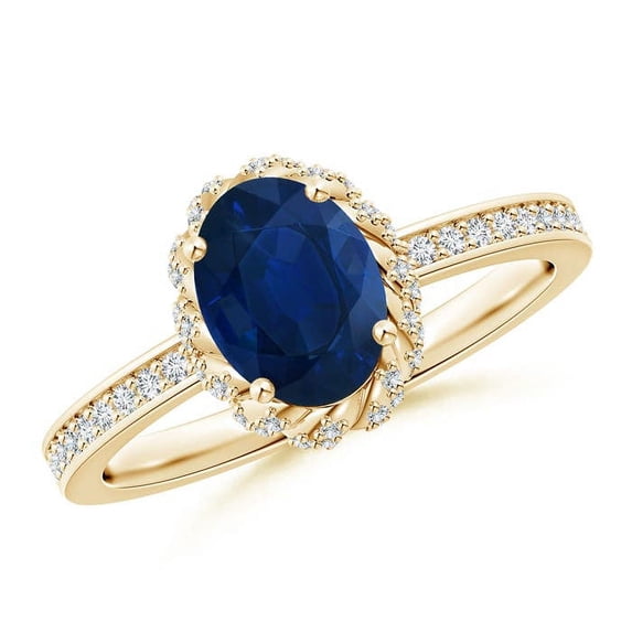 ANGARA Natural Oval 1.55 ct Blue Sapphire and Diamond Halo Ring in 14K Yellow Gold for Women (Size-8x6mm) | September Birthstone, Anniversary, Jewelry Gift for Women | Natural Blue Sapphire Ring
