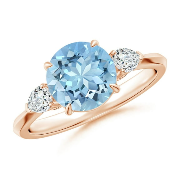 ANGARA Natural Round 1.6 ct Aquamarine and Diamond Three Stone Engagement Ring in 14K Rose Gold for Women (Size-8mm) | March Birthstone, Anniversary, Jewelry Gift for Women | Natural Aquamarine Ring