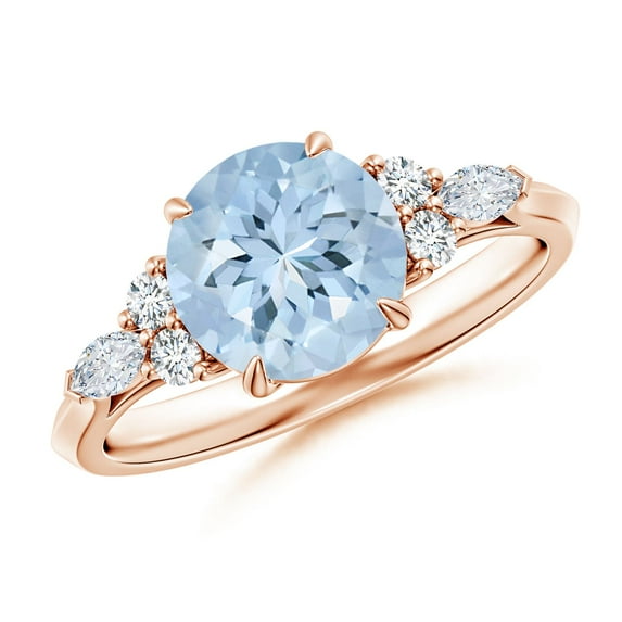 ANGARA Natural Round 1.6 ct Aquamarine Side Stone Engagement Ring with Diamonds in 14K Rose Gold for Women (Size-8mm) | March Birthstone, Anniversary, Jewelry Gift for Women | Natural Aquamarine Ring