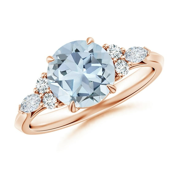 ANGARA Natural Round 1.6 ct Aquamarine Side Stone Engagement Ring with Diamonds in 14K Rose Gold for Women (Size-8mm) | March Birthstone, Anniversary, Jewelry Gift for Women | Natural Aquamarine Ring