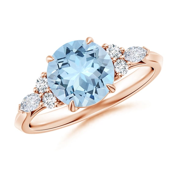 ANGARA Natural Round 1.6 ct Aquamarine Side Stone Engagement Ring with Diamonds in 14K Rose Gold for Women (Size-8mm) | March Birthstone, Anniversary, Jewelry Gift for Women | Natural Aquamarine Ring