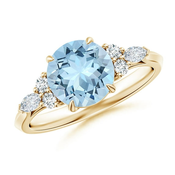 ANGARA Natural Round 1.6 ct Aquamarine Engagement Ring with Diamonds in 14K Yellow Gold for Women (Size-8mm) | March Birthstone, Anniversary, Jewelry Gift for Women | Natural Aquamarine Ring