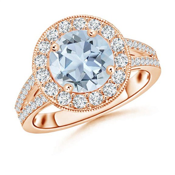 ANGARA Natural Round 1.6 ct Aquamarine Split Shank Ring with Diamond Halo in 14K Rose Gold for Women (Size-8mm) | March Birthstone, Anniversary, Jewelry Gift for Women | Natural Aquamarine Ring