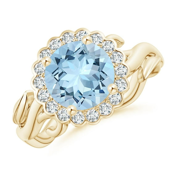 ANGARA Natural Vintage Inspired 1.6 ct Aquamarine Flower and Vine Ring in 14K Yellow Gold for Women (Size-8mm) | March Birthstone, Anniversary, Jewelry Gift for Women | Natural Aquamarine Ring