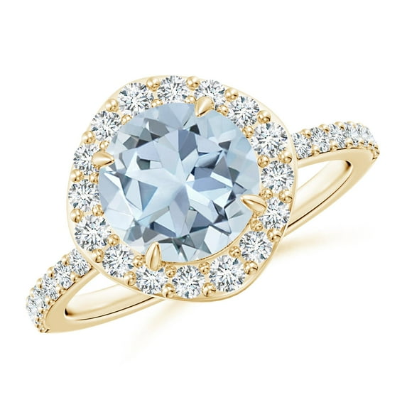 ANGARA Natural Vintage Style Claw-Set Round 1.6 ct Aquamarine Halo Ring in 14K Yellow Gold for Women (Size-8mm) | March Birthstone, Anniversary, Jewelry Gift for Women | Natural Aquamarine Ring
