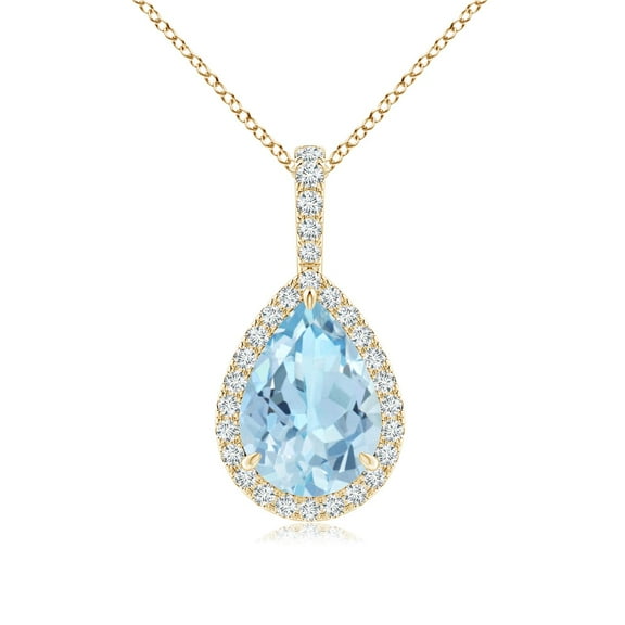 ANGARA Natural 1.6 ct Aquamarine Teardrop Pendant with Diamond Halo in 14K Yellow Gold for Women (Size-10x7mm) | March Birthstone, Anniversary, Jewelry Gift for Women | Natural Aquamarine Necklace