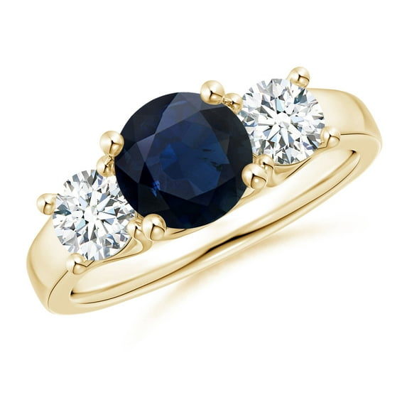 ANGARA Natural 1.6 Ct Round Sapphire and Diamond Three Stone Ring in 14K Yellow Gold for Women (Size-7mm) | September Birthstone, Anniversary, Jewelry Gift for Women | Natural Blue Sapphire Ring