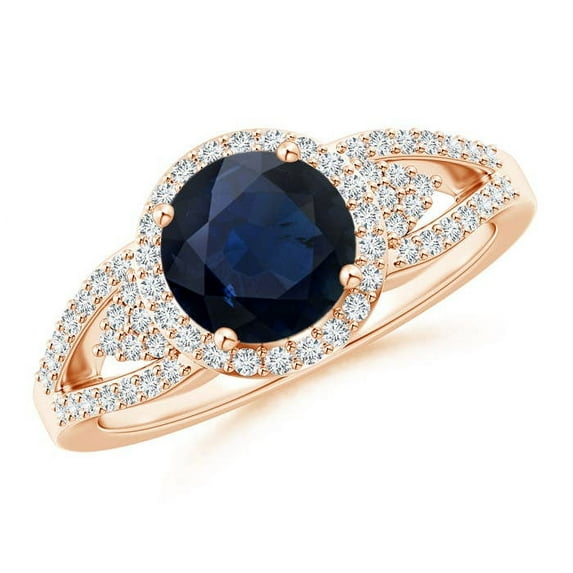 ANGARA Natural 1.6 Ct Split Shank Sapphire Halo Ring with Cluster Diamonds in 14K Rose Gold for Women (Size-7mm) | September Birthstone, Anniversary, Jewelry Gift for Women | Natural Sapphire Ring