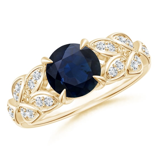 ANGARA Natural Nature Inspired Round 1.6 ct Blue Sapphire Leaf Shank Ring in 14K Yellow Gold for Women (Size-7mm) | September Birthstone, Anniversary, Jewelry Gift for Women | Natural Sapphire Ring