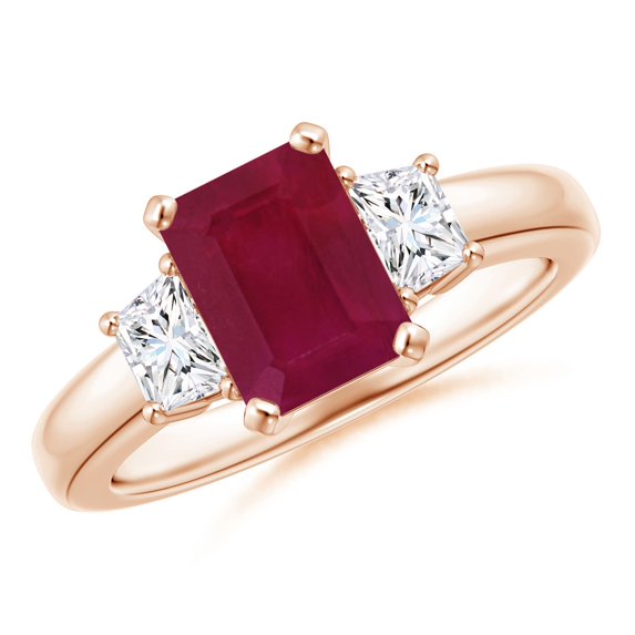 ANGARA Natural 1.6 ct Ruby and Diamond Three Stone Ring in 14K Rose Gold for Women (Size-8x6mm) | July Birthstone, Birthday, Anniversary, Jewelry Gift for Women | Natural Ruby Ring
