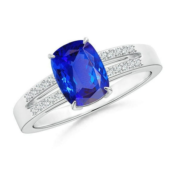 ANGARA Natural Cushion 1.6 ct Tanzanite Split Shank Ring with Diamonds in 14K White Gold for Women (Size-8x6mm) | December Birthstone, Anniversary, Jewelry Gift for Women | Natural Tanzanite Ring