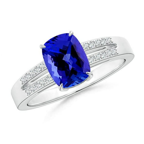 ANGARA Natural Cushion 1.6 ct Tanzanite Split Shank Ring with Diamonds in 14K White Gold for Women (Size-8x6mm) | December Birthstone, Anniversary, Jewelry Gift for Women | Natural Tanzanite Ring
