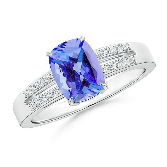 ANGARA Natural Cushion 1.6 ct Tanzanite Split Shank Ring with Diamonds in 14K White Gold for Women (Size-8x6mm) | December Birthstone, Anniversary, Jewelry Gift for Women | Natural Tanzanite Ring