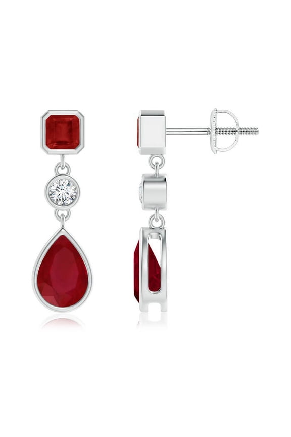 Natural Emerald-Cut and Pear-Shaped 1.6 ct Ruby Drop Earrings in 14K White Gold for Women (Size-7x5mm) | July Birthstone, Birthday, Anniversary, Jewelry Gift for Women | Natural Ruby Earrings