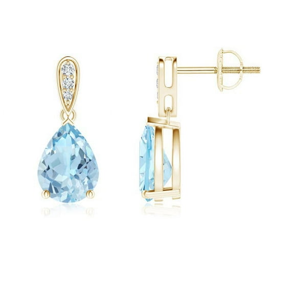 ANGARA Natural Solitaire 1.7 ct Aquamarine Drop Earrings with Diamonds in 14K Yellow Gold for Women (Size-8x6mm) | March Birthstone, Anniversary, Jewelry Gift for Women | Natural Aquamarine Earrings