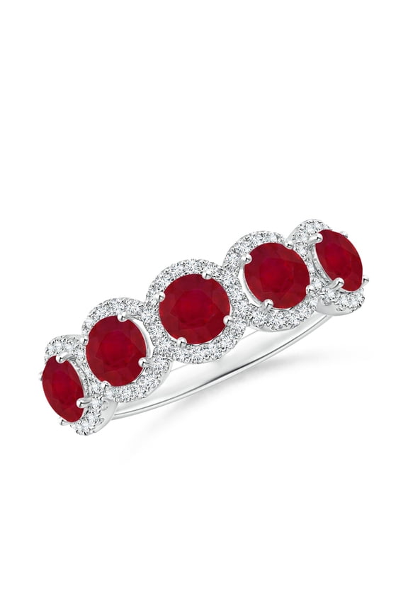 Natural Half Eternity Five-Stone 1.7 ct Ruby Halo Ring in 14K White Gold for Women (Size-4mm) | July Birthstone, Birthday, Anniversary, Jewelry Gift for Women | Natural Ruby Ring