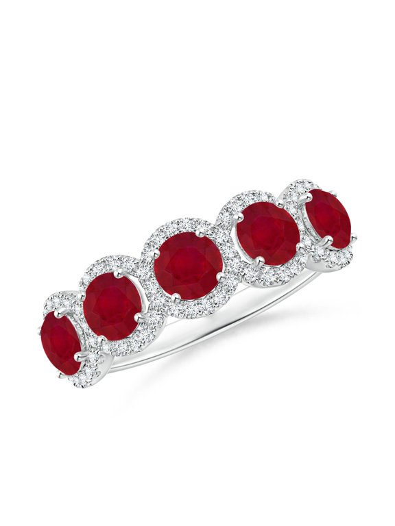 Natural Half Eternity Five-Stone 1.7 ct Ruby Halo Ring in 14K White Gold for Women (Size-4mm) | July Birthstone, Birthday, Anniversary, Jewelry Gift for Women | Natural Ruby Ring